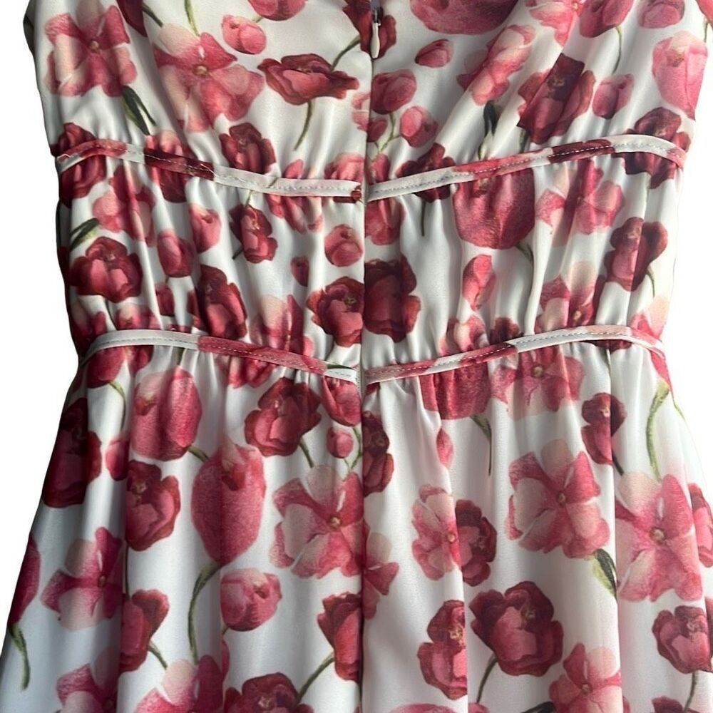 Samantha Sipos Medium Pink Strawberry Floral Front Tie Ruffles Midi Dress Kawaii - Picture 7 of 15